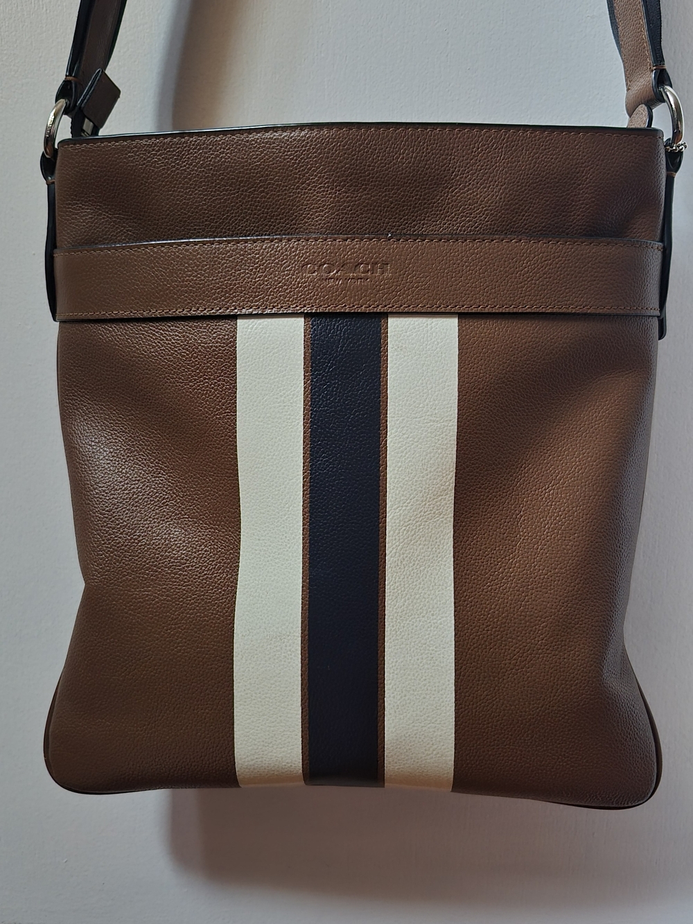 Coach Brown Leather Crossbody with Signature Stripe